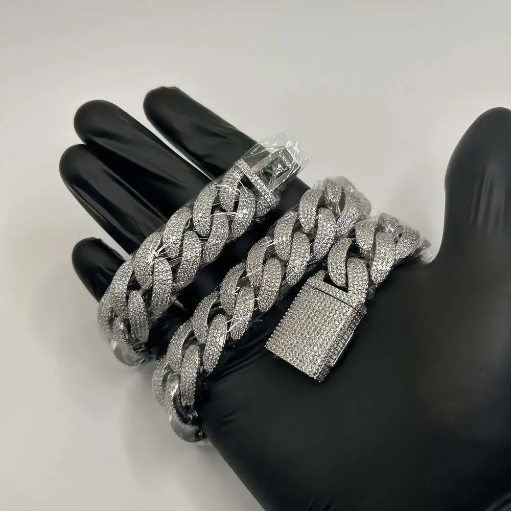 Moissanite Cuban Chain Passes Test VVS1 4 Row Iced Silver Necklace 20mm 22” New